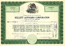 Kellet Autogiro Corporation Stock Certificate